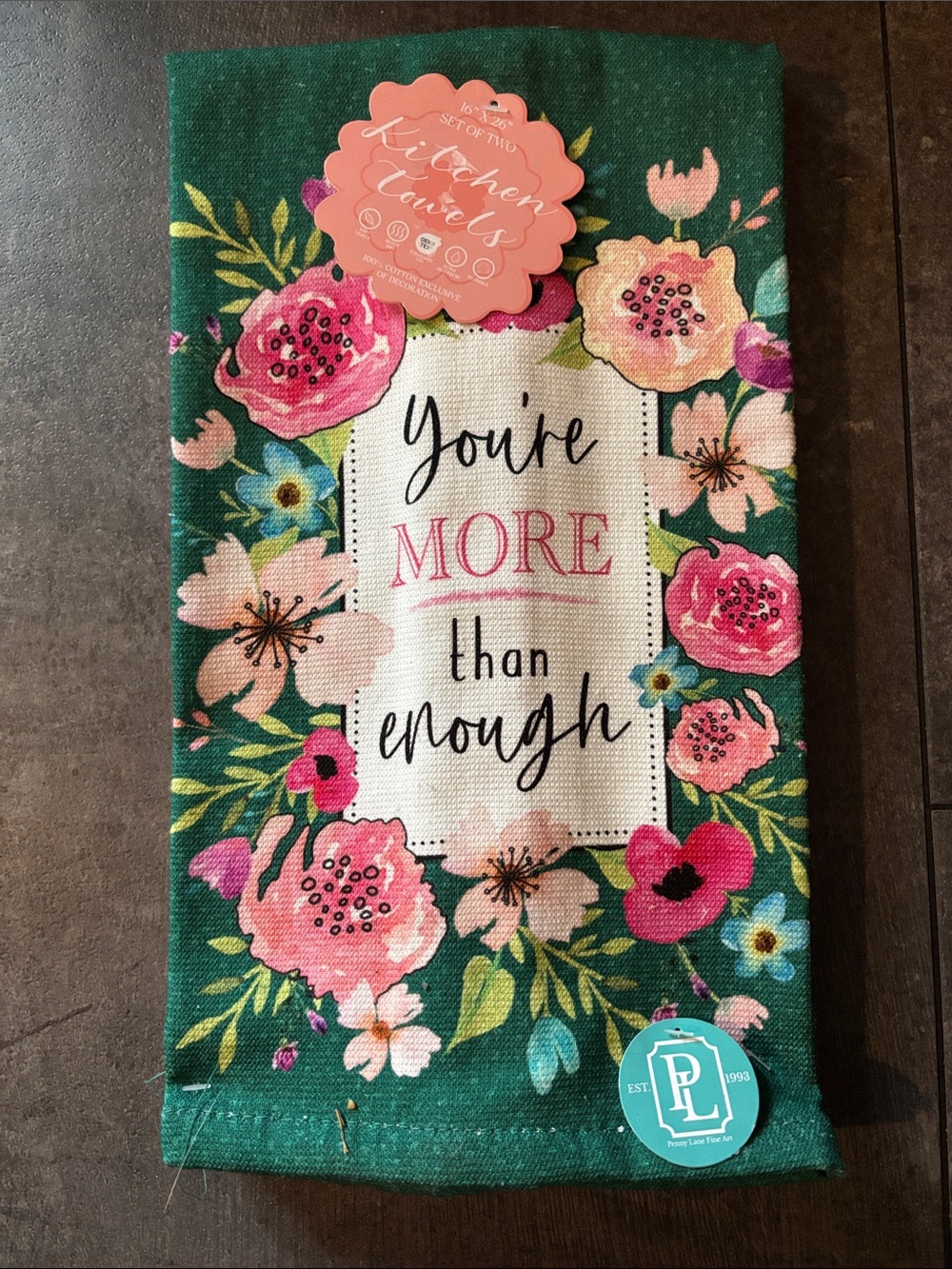 Floral Kitchen Towel 'You're More Than Enough' - Green & Pink